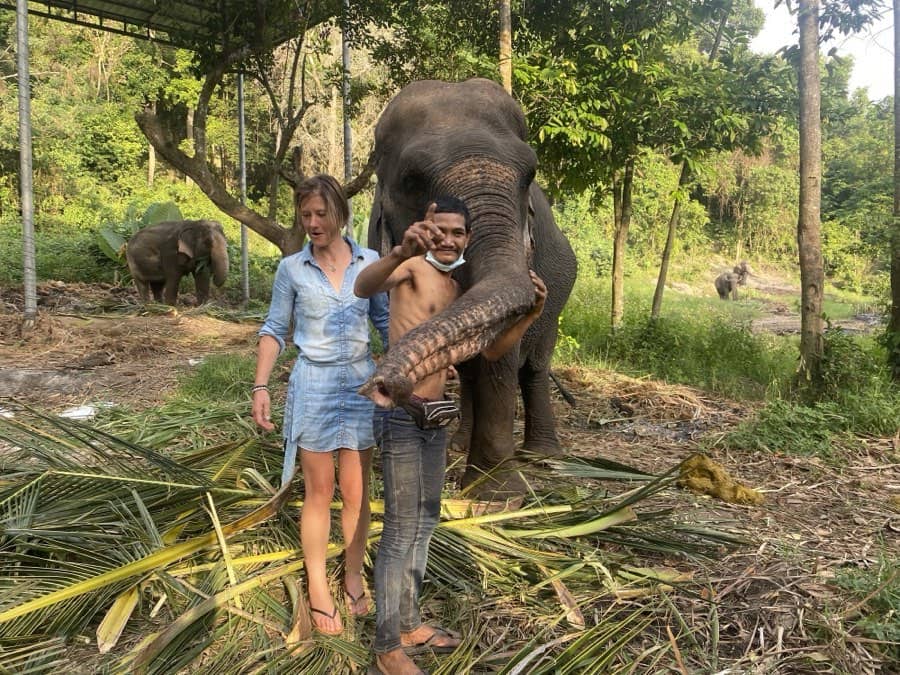 A mahout and elephant in the jungle behind Khanom