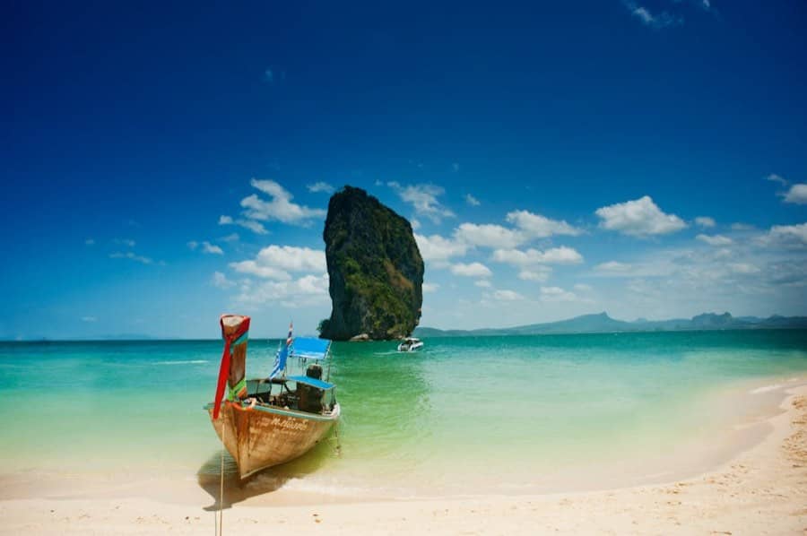 Longtail boat off a quiet island bay east of Phuket
